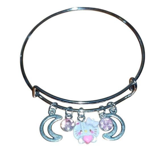 Silver Hello Kitty Kawaii Adjustable Bangle Charm Bracelet - Picture 1 of 3